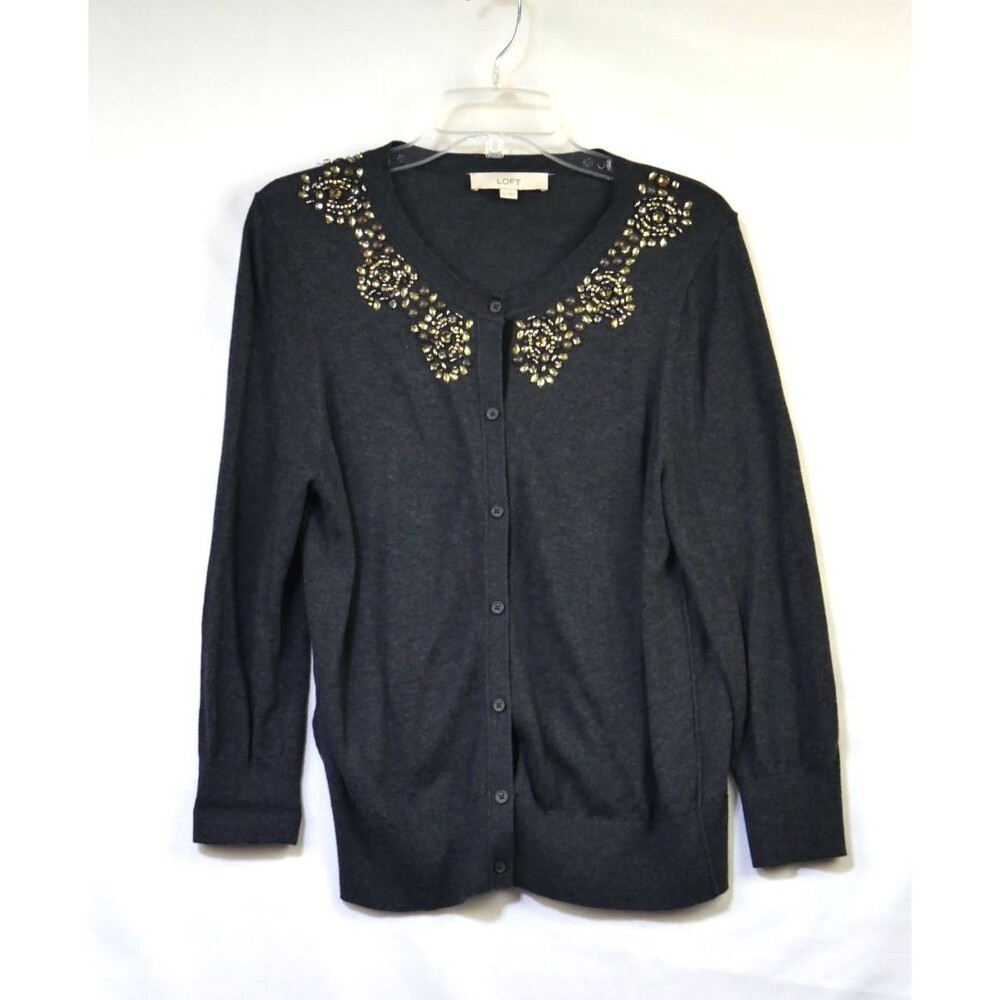 Loft Cardigan Sweater XL Charcoal Gray Rhinestone Embellished